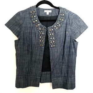 Crop sleeve denim blazer with gold rivets
